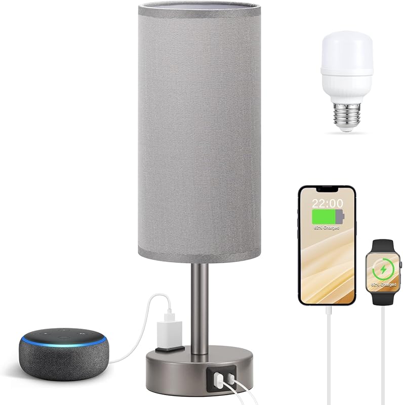 Lámpara mesita noche gris táctil 3 vías USB C y CA LED