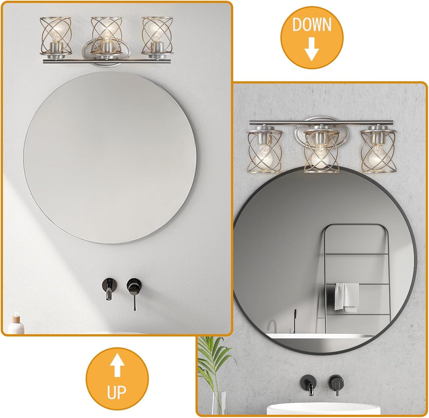 3 Luces Tocador Níquel Vidrio Transparente Baño