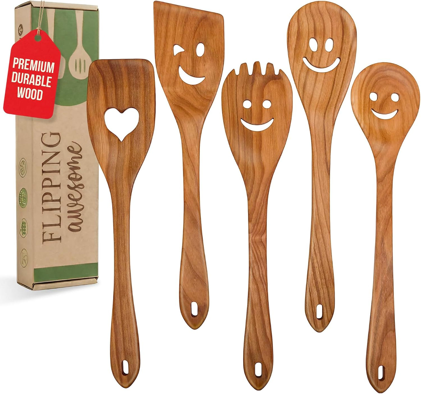Set 5 cucharas madera cerezo cocina con caras sonrientes