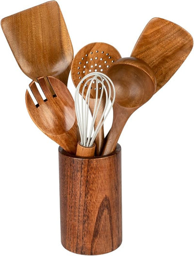7 Pzas Utensilios Cocina Madera Acacia Con Soporte