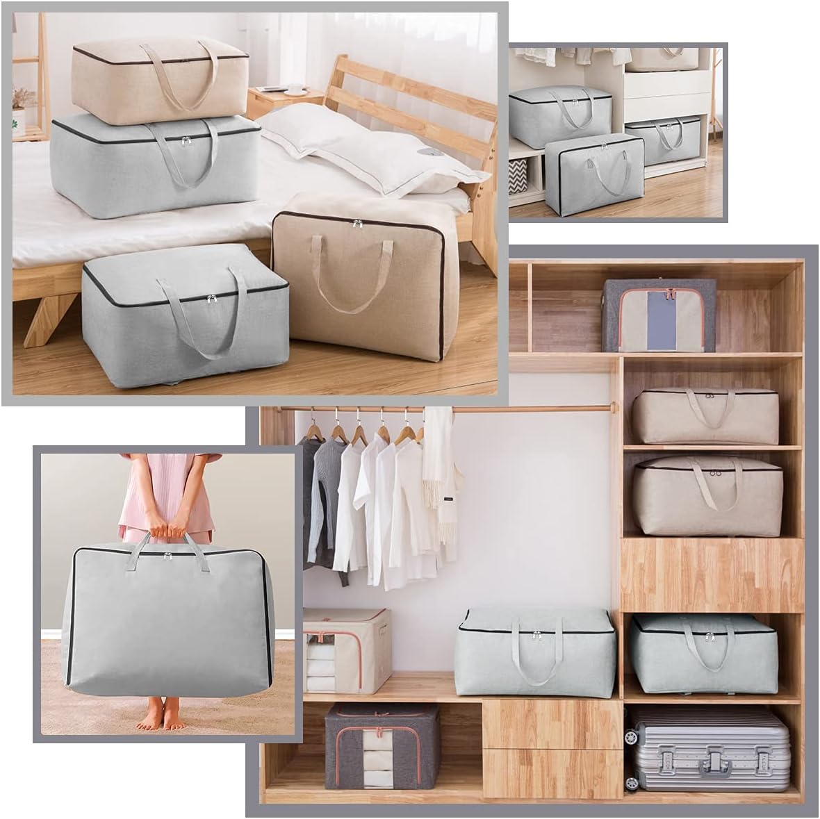 3 Pzas Organiz. Algodón con Asas 3 Lados Cremallera Beige