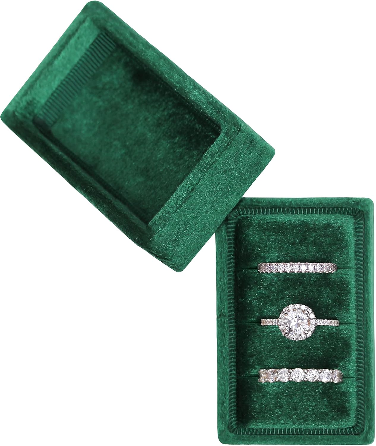 Caja terciopelo anillos compromiso boda triple esmeralda