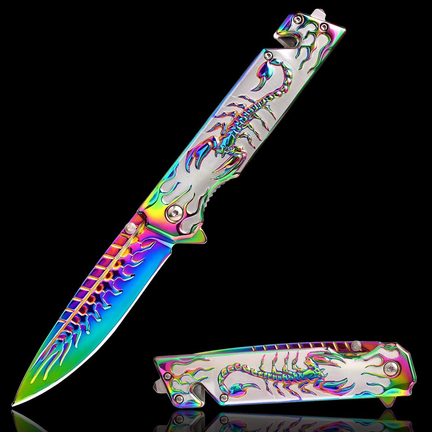 Cuchillo plegable arcoíris 3D para hombres EDC supervivencia