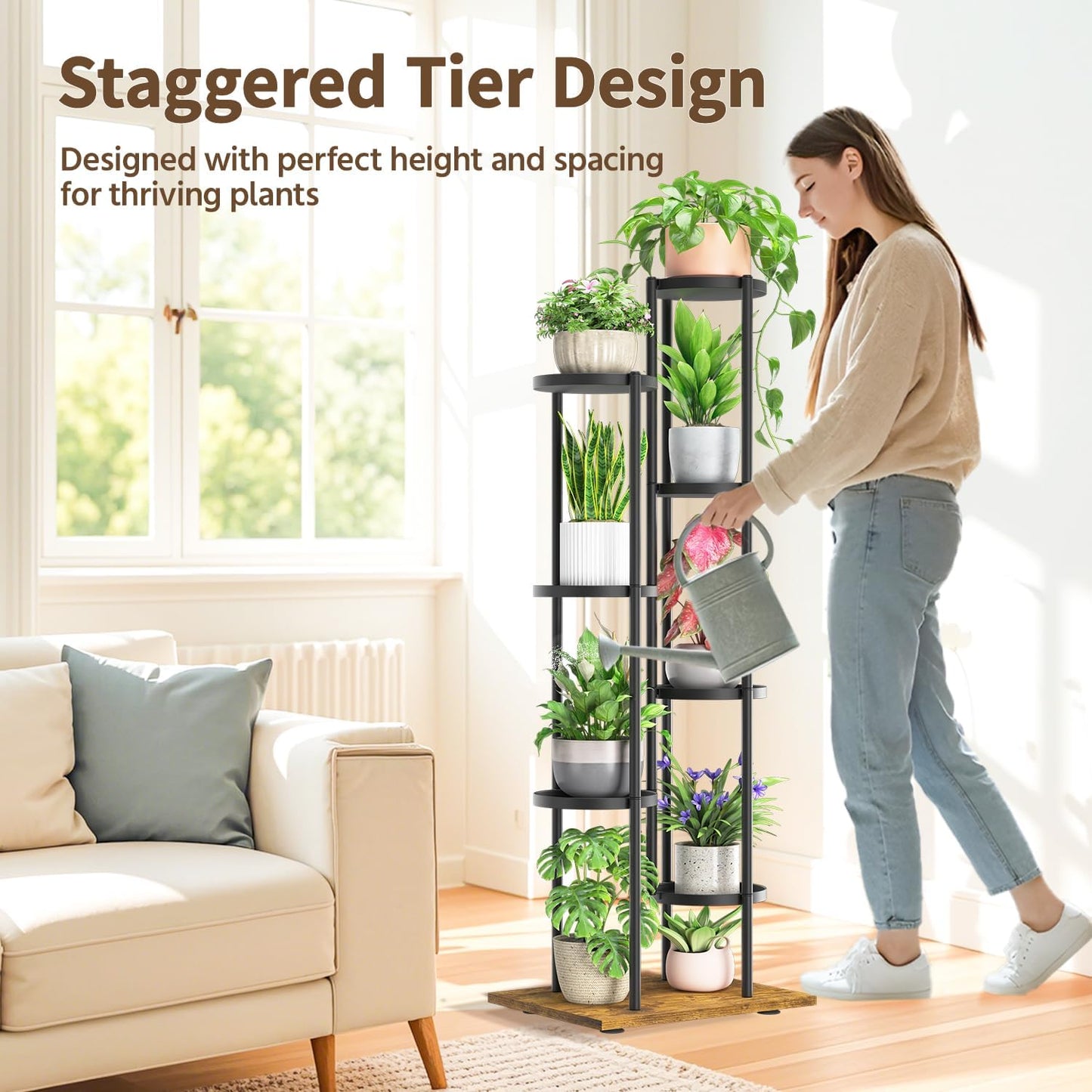 Soporte plantas 7 niveles negro metal resistente torre vertical