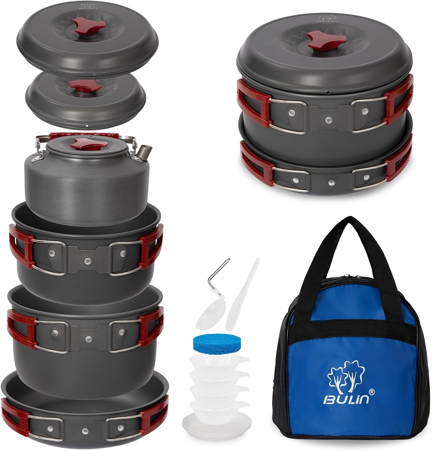 Set cocina camping 4 pzas tetera olla sartén cuenco