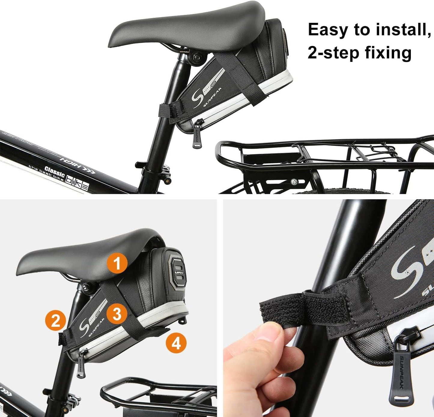 Bolsa sillín bicicleta resistente agua con bolsillo malla