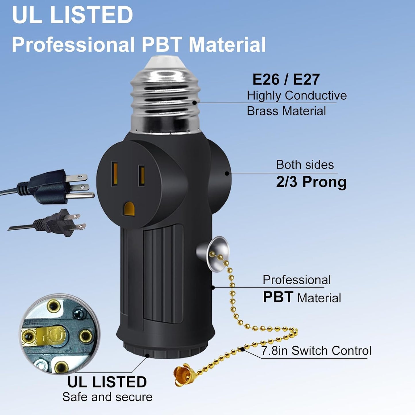 Adaptador enchufe E26/E27 3 clavijas con interruptor negro pack 2
