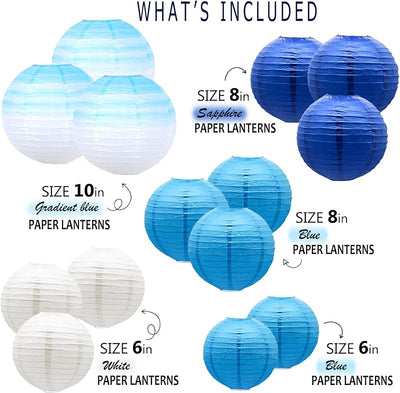 14 Faroles Colgantes Papel 10x8x6pulg Azul y Blanco Fiesta Boda