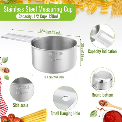 12 Tazas Medidoras Acero Inox 1/2 Taza para Cocina y Perros