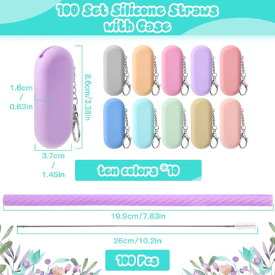 Set 100 Pajitas Silicona Plegables con Estuche y Llavero Multicolor