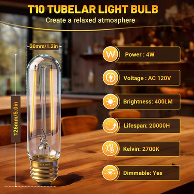 Bombilla LED T10 regulable 4W base E26 blanco cálido para gabinete