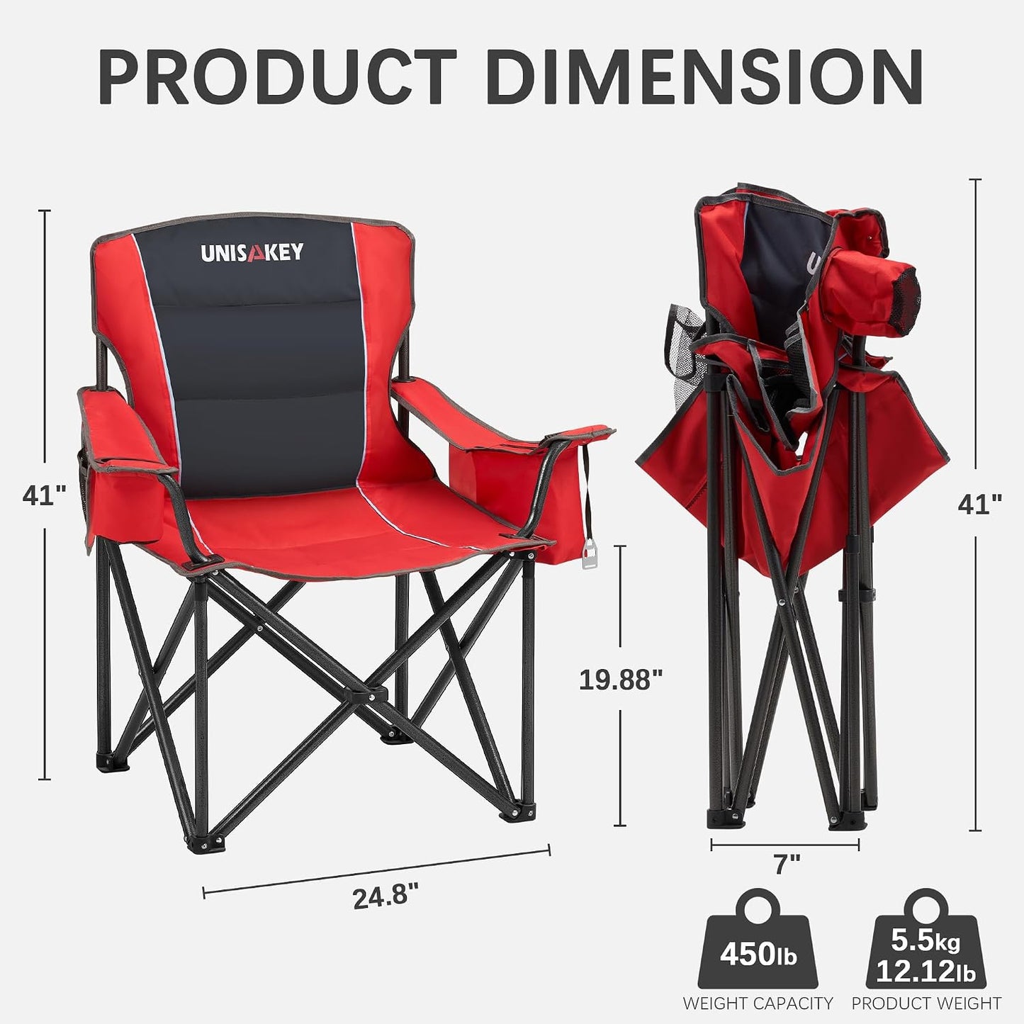 Silla campamento plegable 450lb para adultos rojo