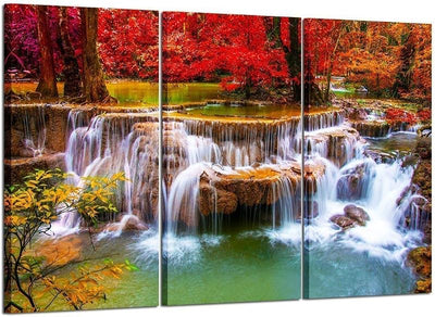 Lienzo decoración sala 3 Pzas pintura cascada verde moderna