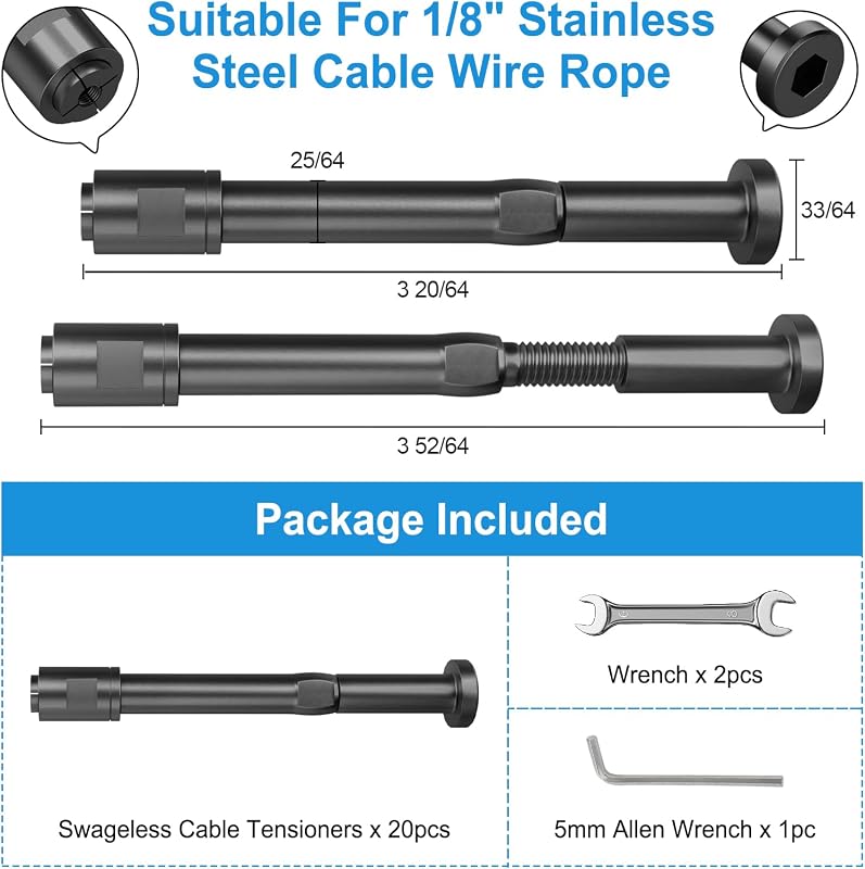 Kit 20 Tensores Cable 1/8" para Postes Negro