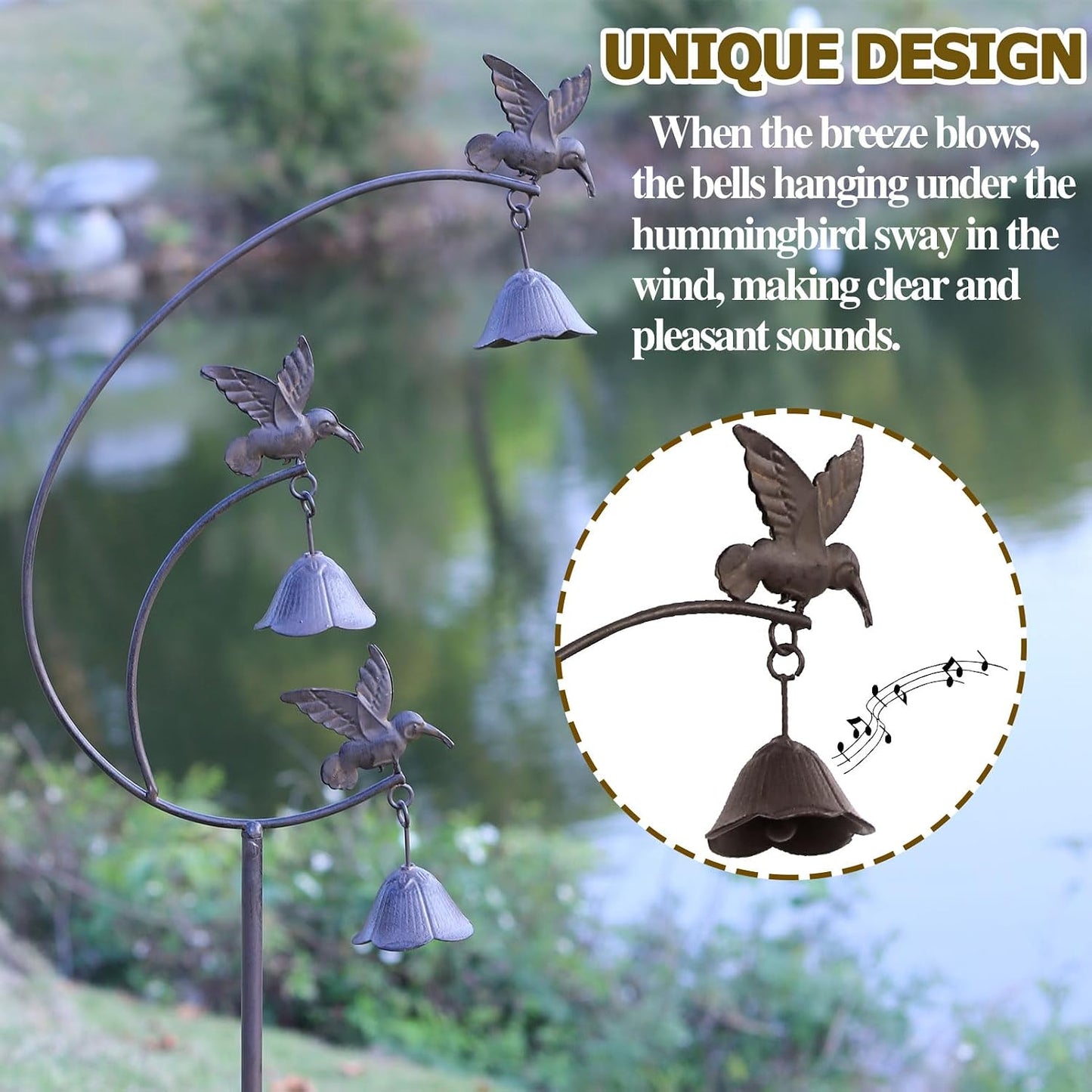 Colibríes de metal con campanas para jardín decorativo