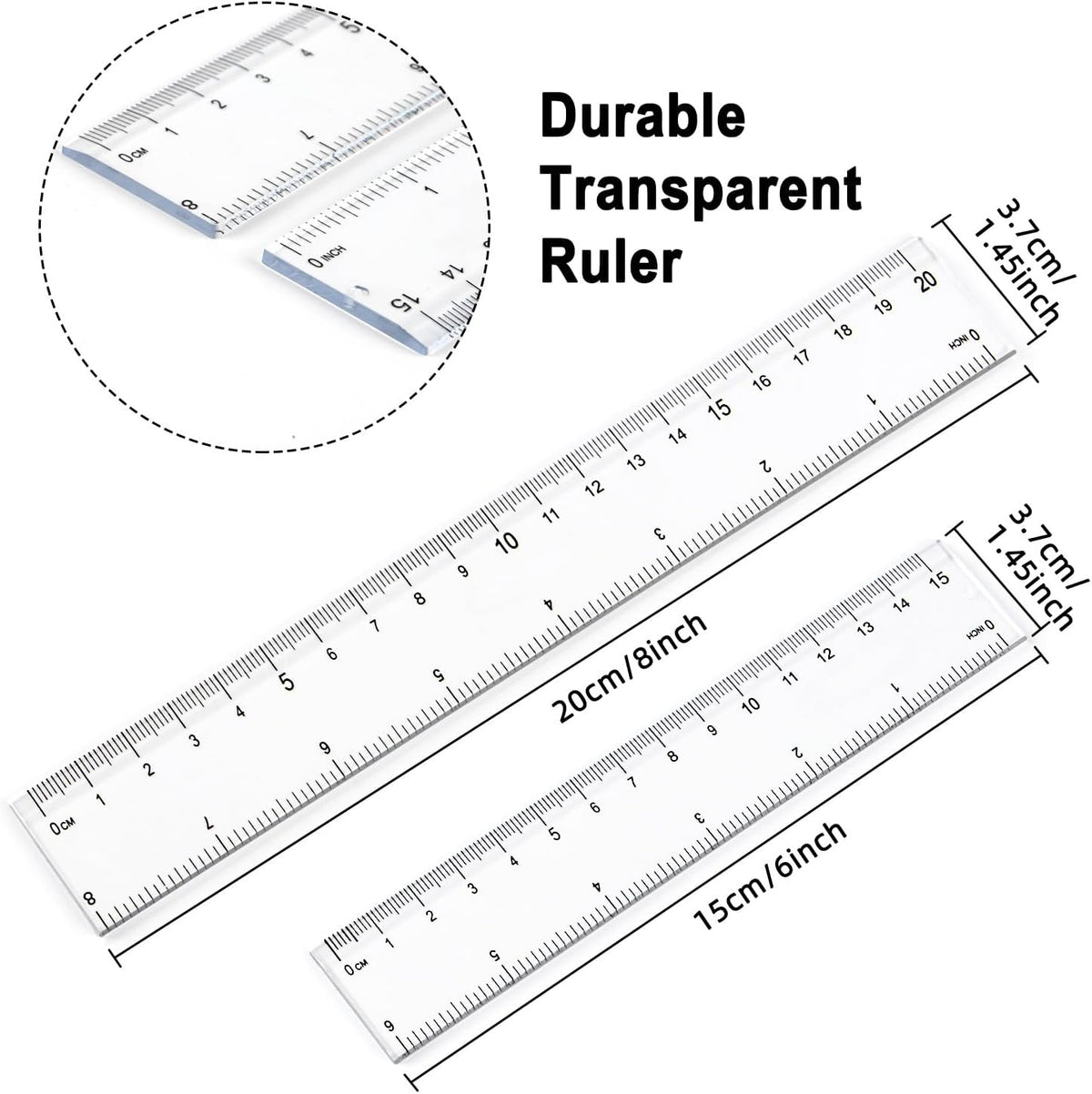 Set 4 reglas plástico transparente 6x8 pulg y métricas para escuela