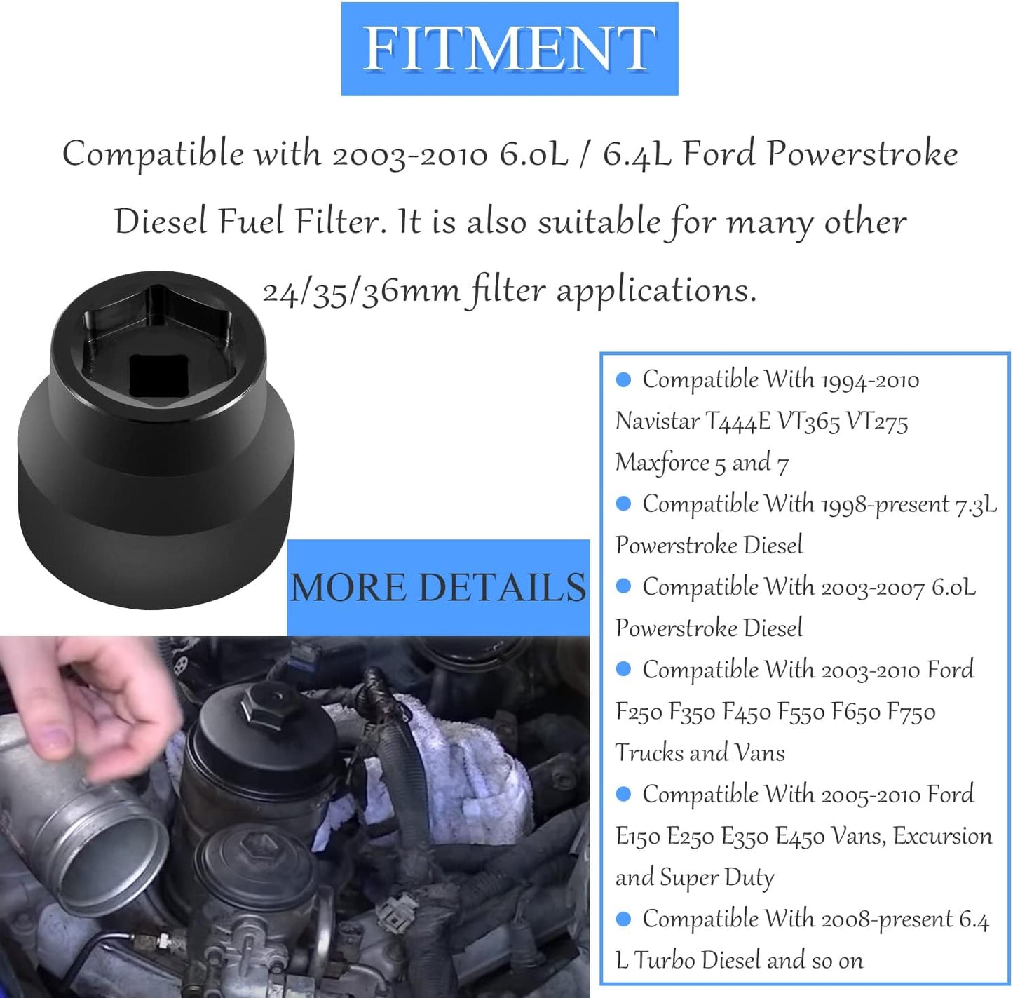 Enchufe filtro aceite Ford 6.0L/6.4L 03-10 negro