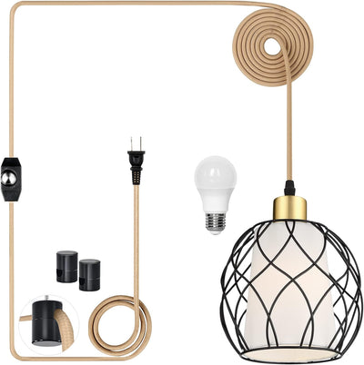 Lámpara colgante enchufable negra con cable dorado 15ft