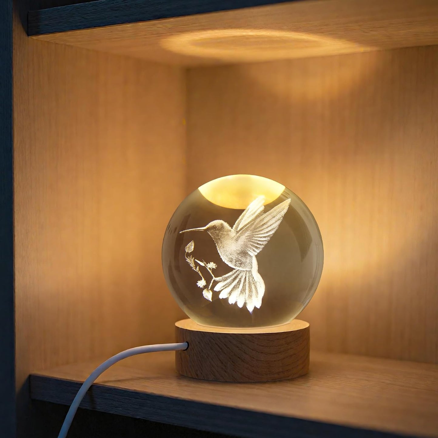 Bola cristal grabado 3D pájaro con soporte LED lámpara colibrí