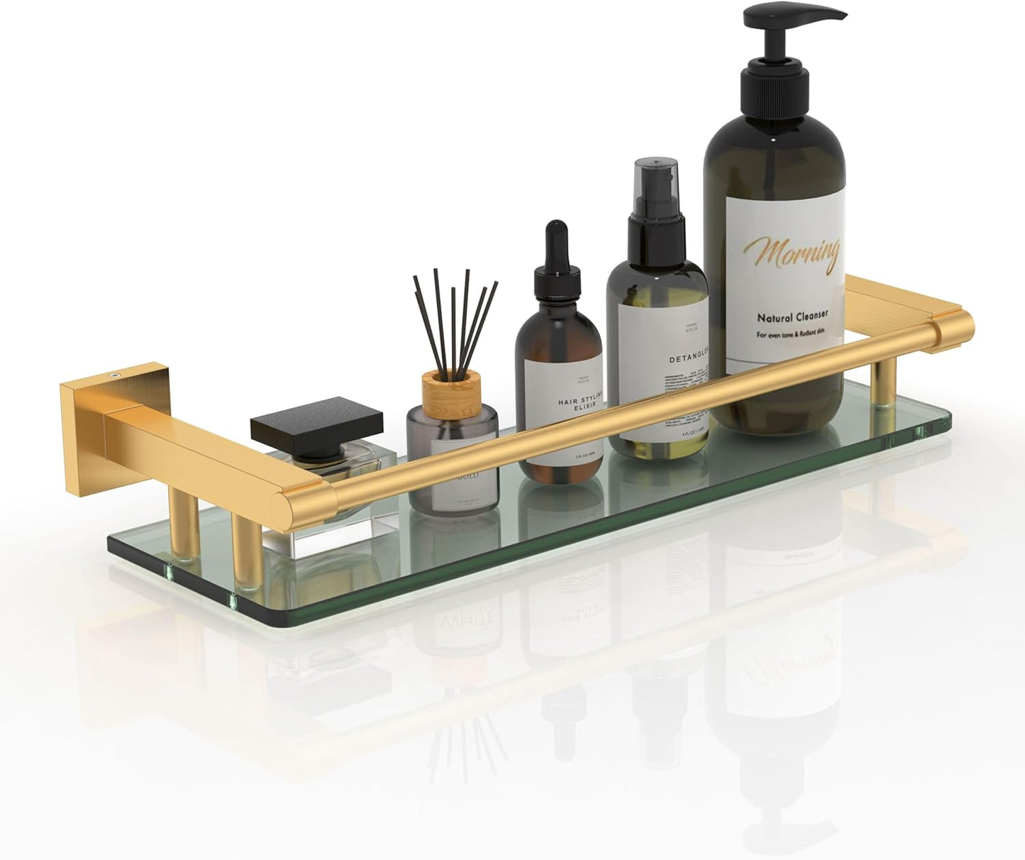 Estantería vidrio baño 16pulg barandilla oro acero inox