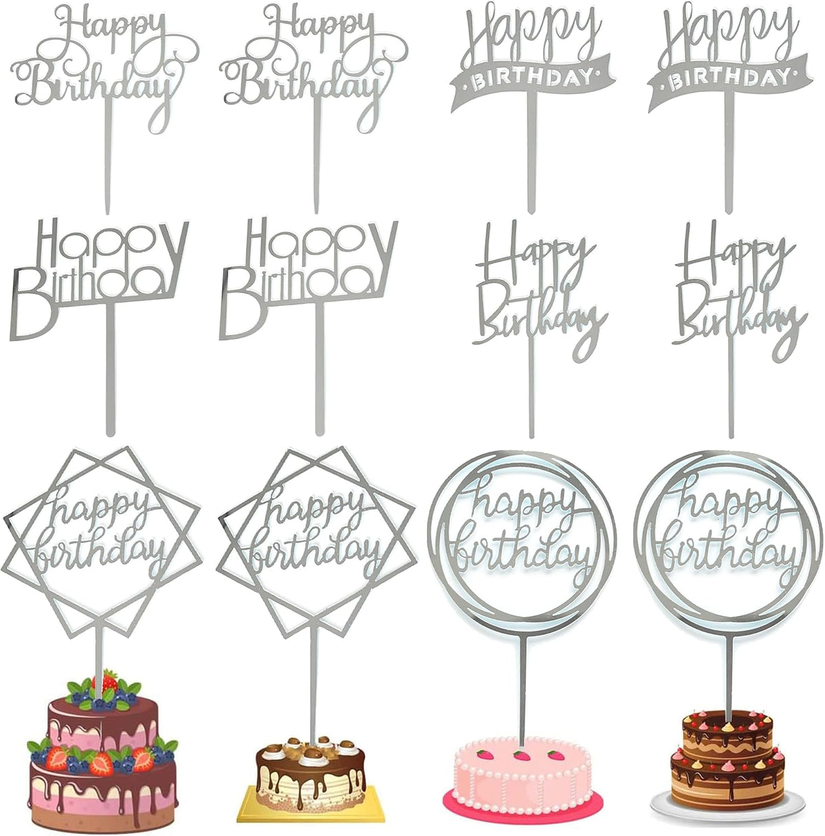 Set 12 Adornos Acrílicos Tarta Cumpleaños Plateado