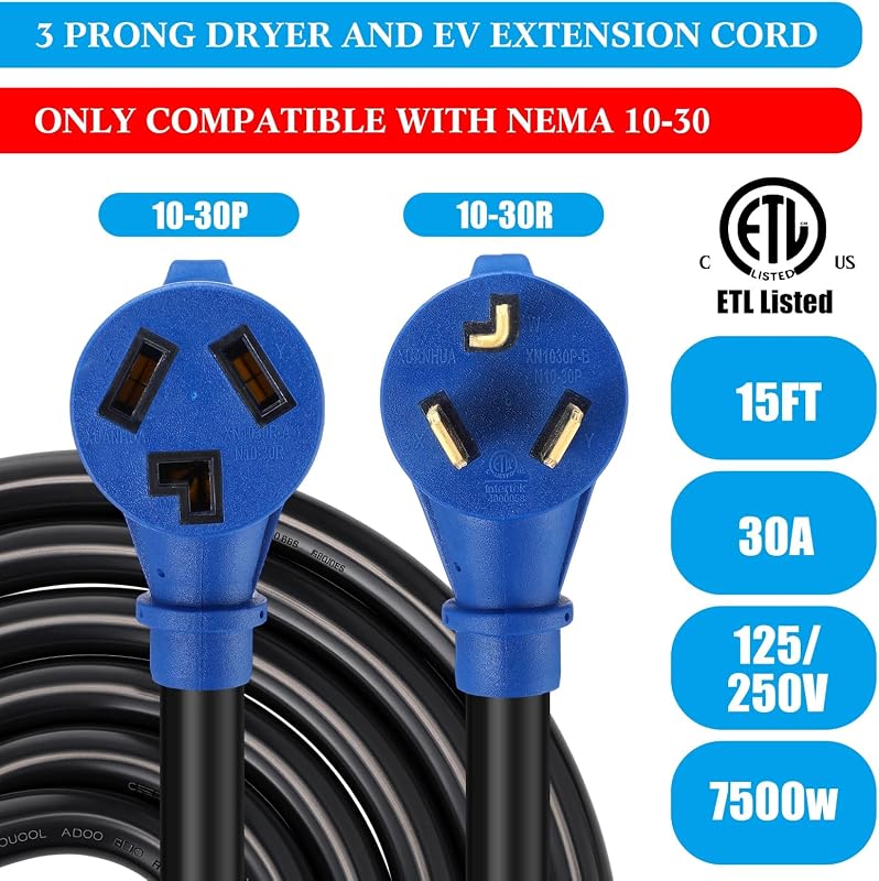 Cable extensión secadora EV 15 ft 30A NEMA 10-30P