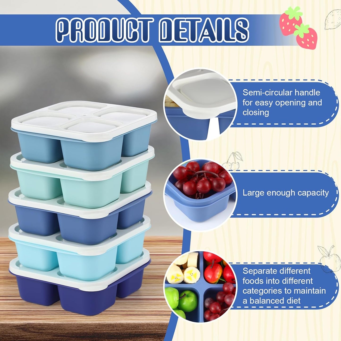 5 Cajas Aperitivos 4 Compartimentos Reutilizables Azul