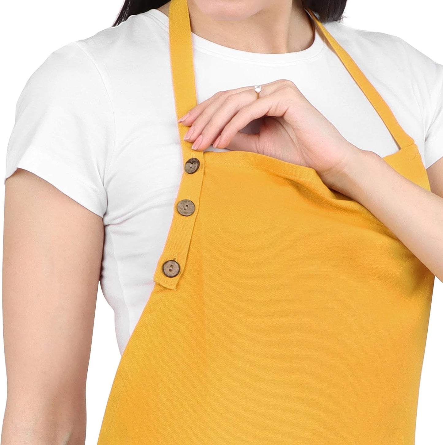 Delantal cocina algodón resistente gotas con bolsillos mostaza