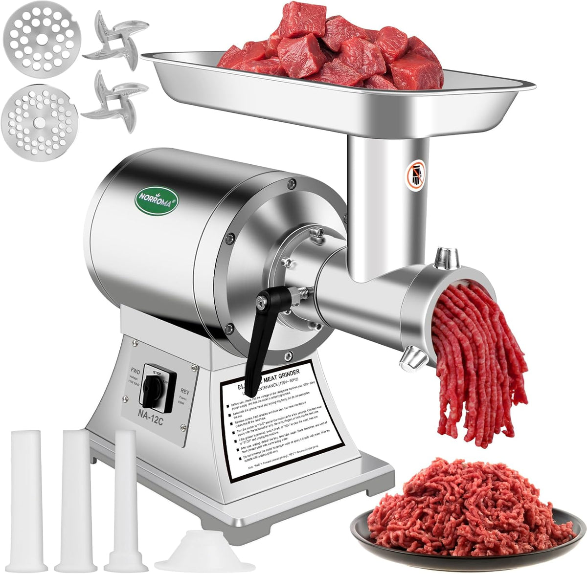 Picadora carne acero inox 1.0 HP para ciervo y salchichas