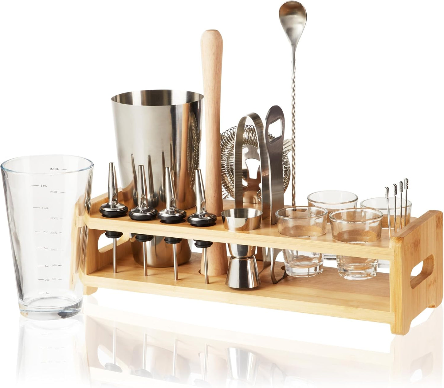 Set 20 Pzas Coctelera con Soporte Madera y Herramientas Bar