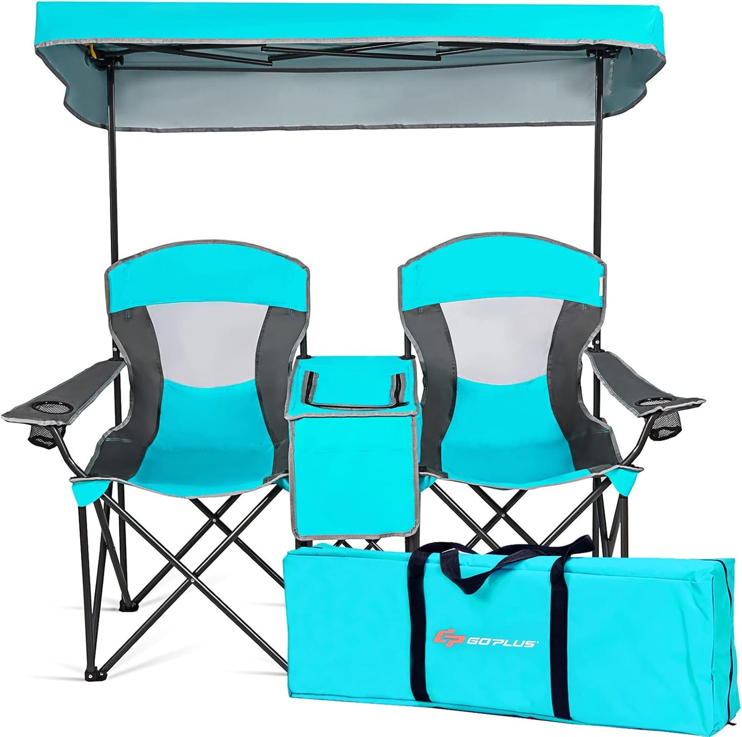 Asiento campamento doble toldo mesa bebidas plegable