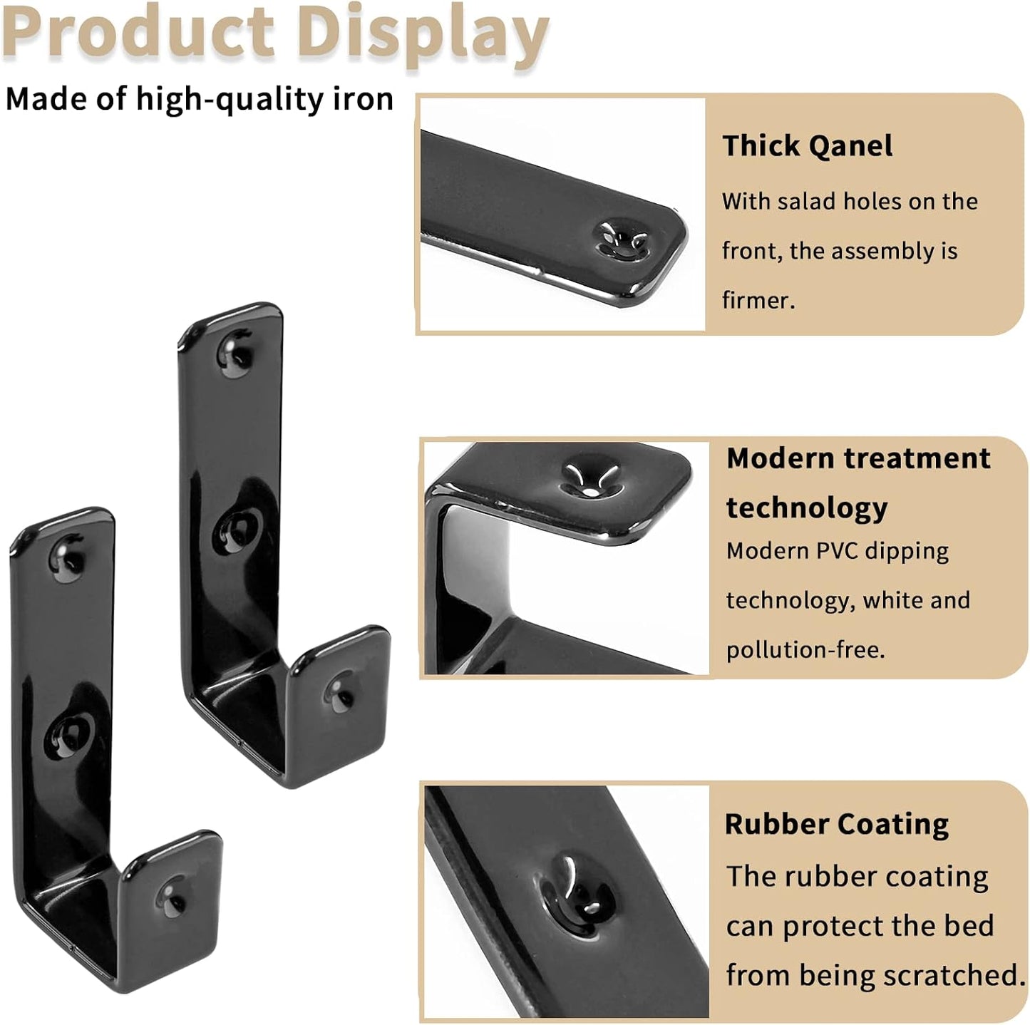 4 Ganchos Cama Forma J PVC Negro Resistentes