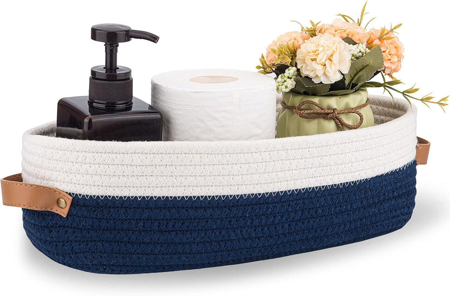 Cesta tejida para inodoro 13x5.9x4" blanco costuras azul