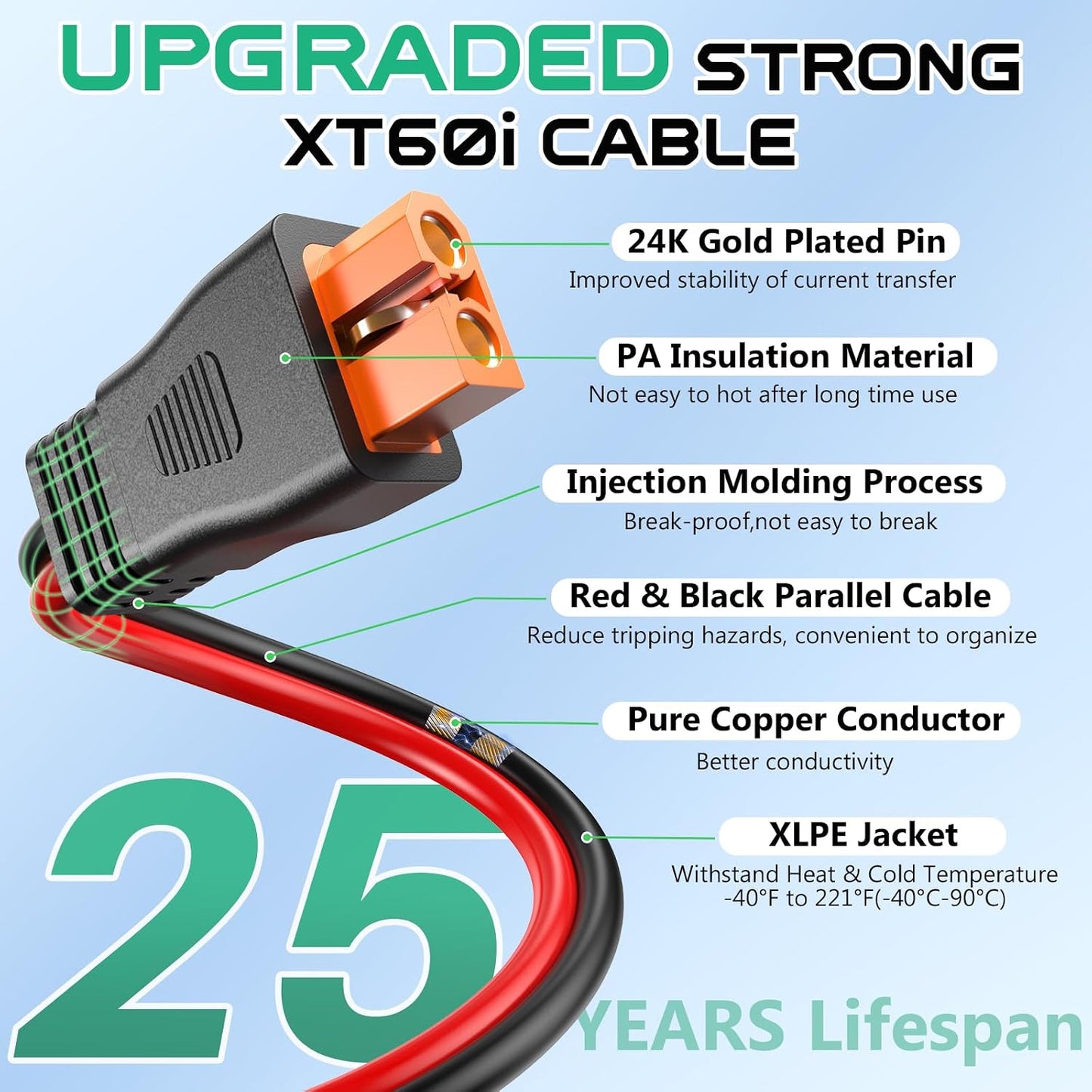 Cable solar XT60i 10AWG 50ft para estación energía