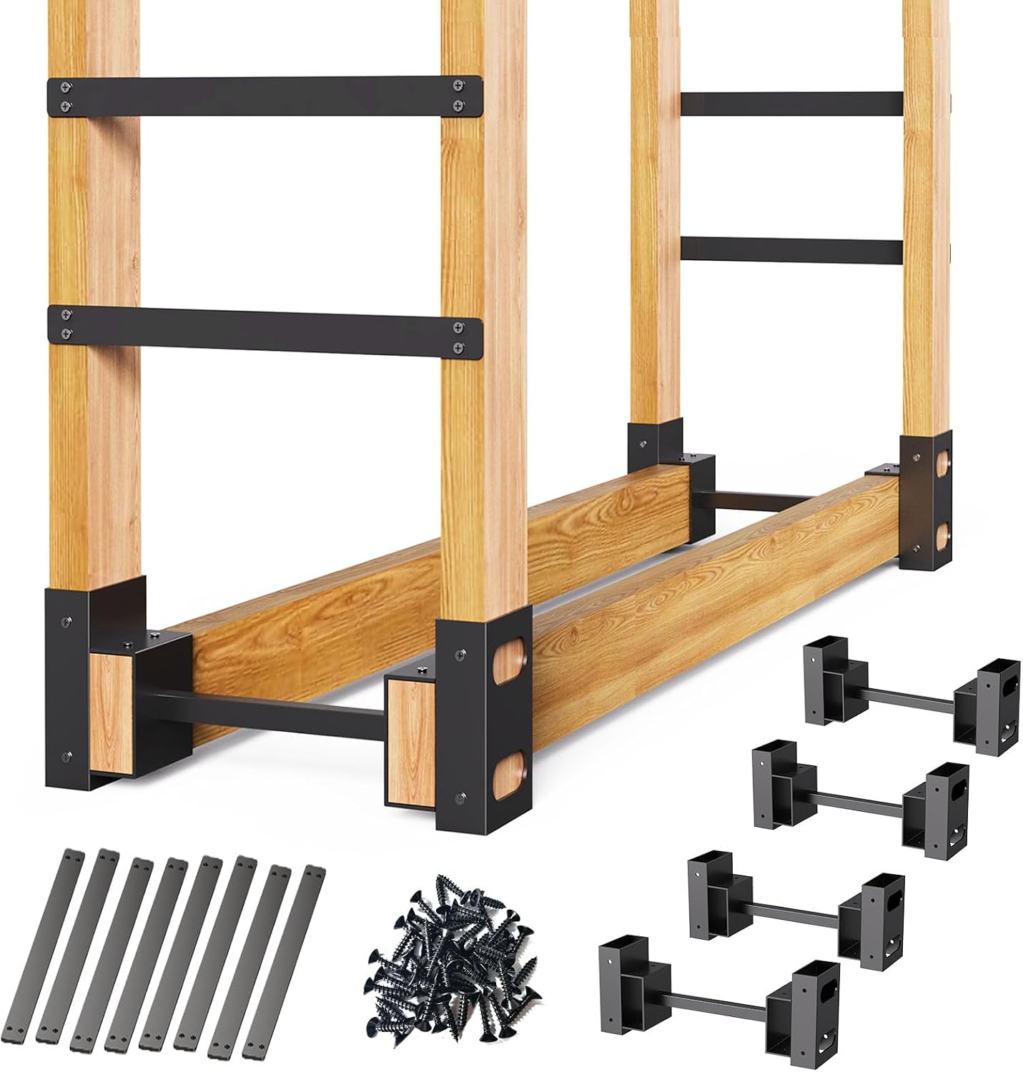 Estante leña exterior soporte apilable set 4 negro