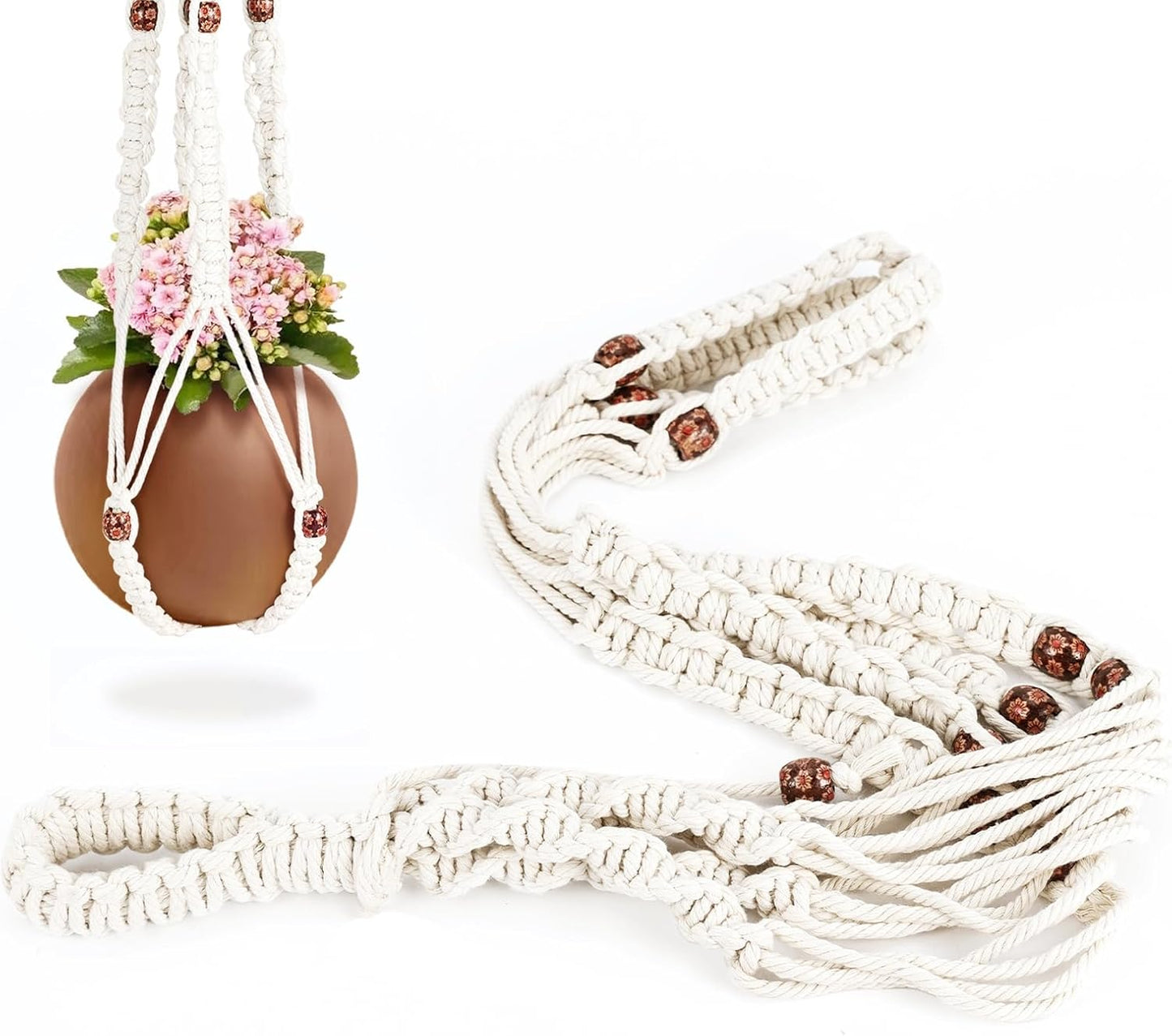Colgador macramé plantas con cuentas madera 2 ganchos resistente