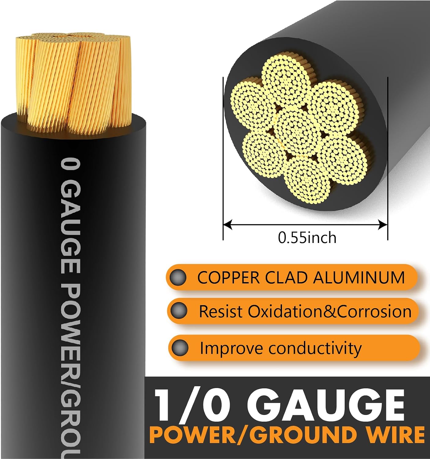 Cable CCA negro 1/0 20pies reemplazo coche Big 3 con terminales