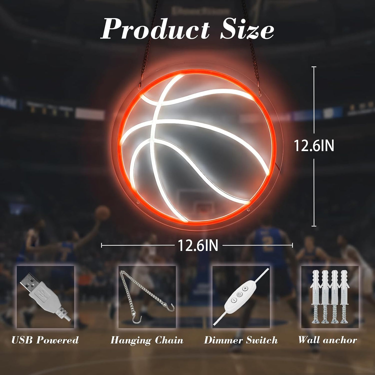 Letrero neón baloncesto LED regulable 12.6x12.6 pulg