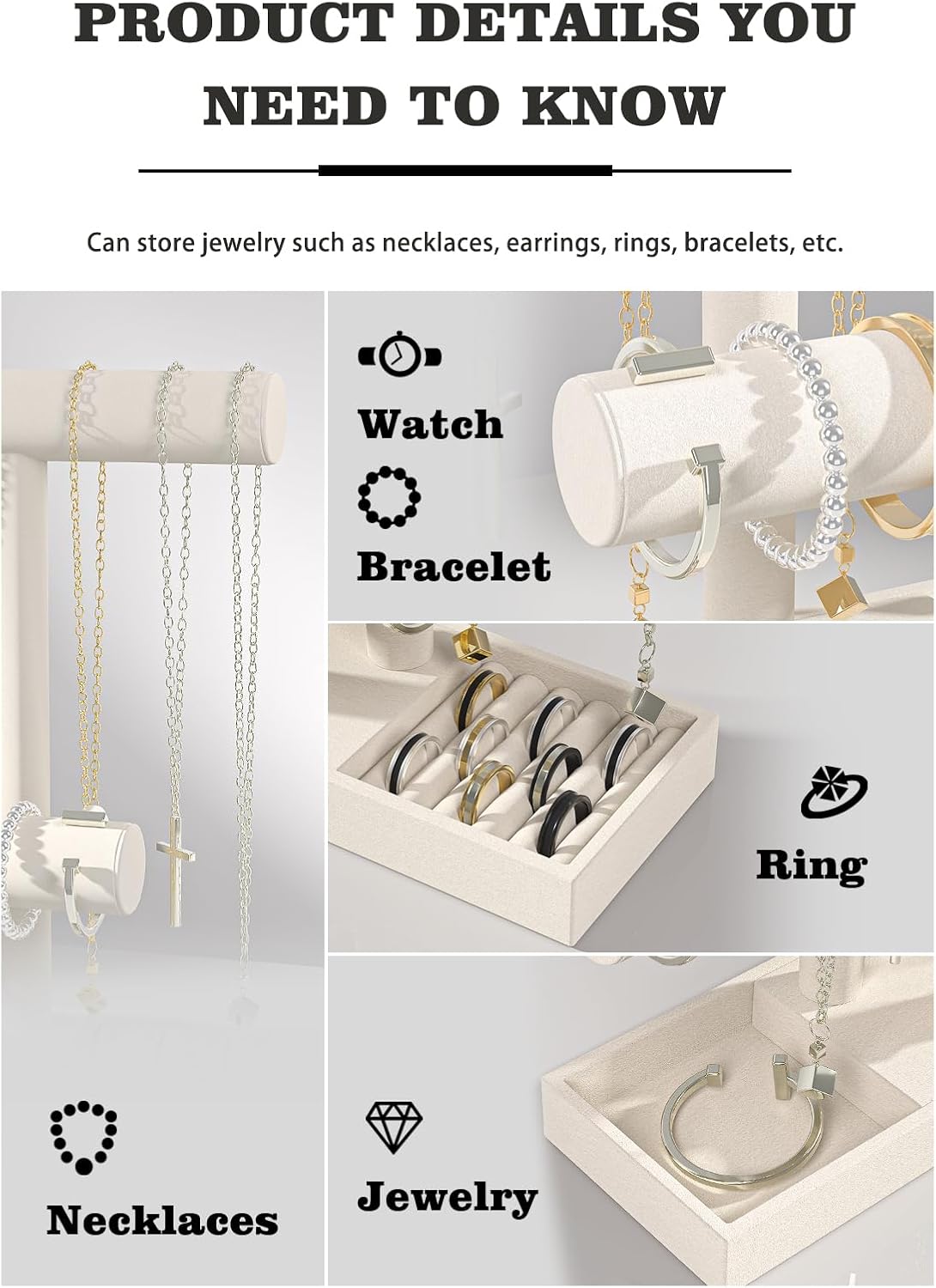 Soporte pulseras y collares terciopelo estilo 2 beige