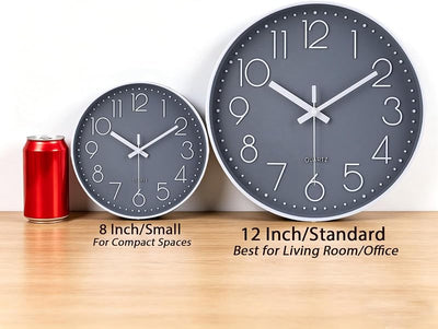 Reloj pared cuarzo redondo 12pulg silencioso decorativo gris