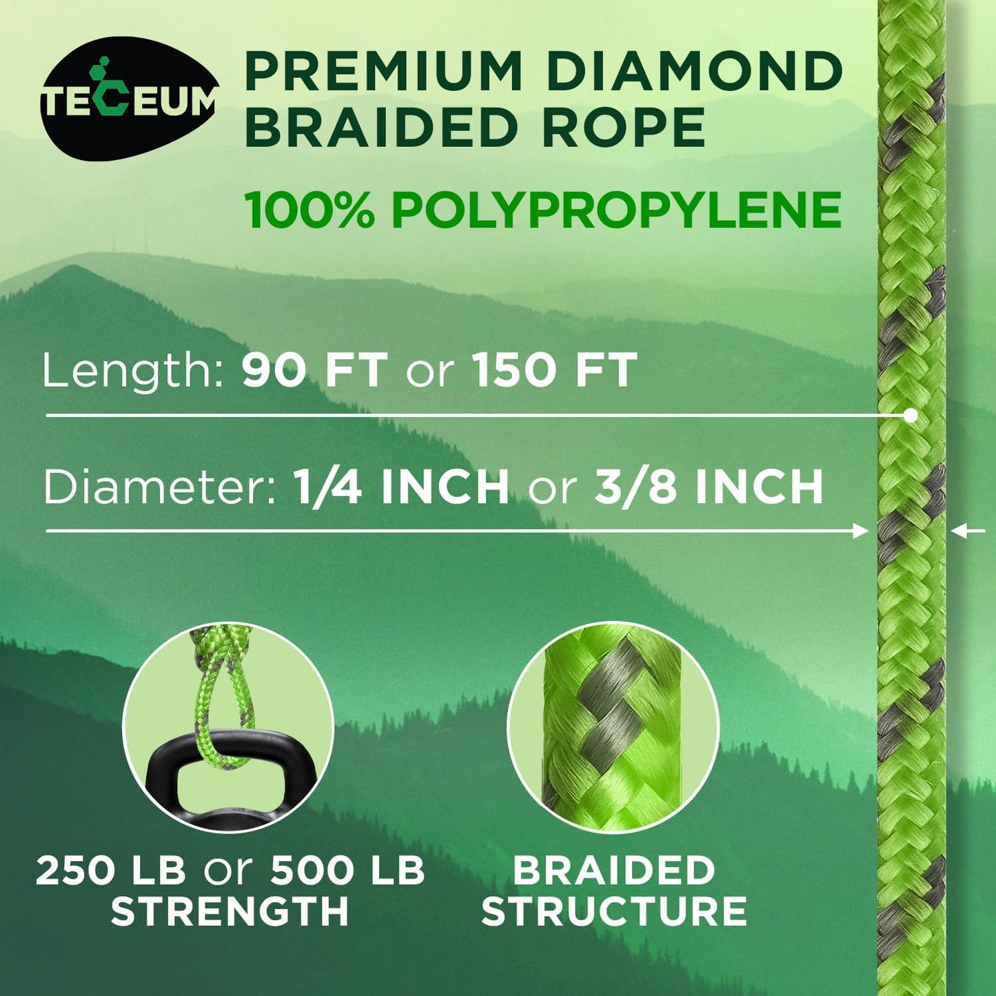 Cuerda trenzada diamante ligero 90piesx3/8pulg gris verde