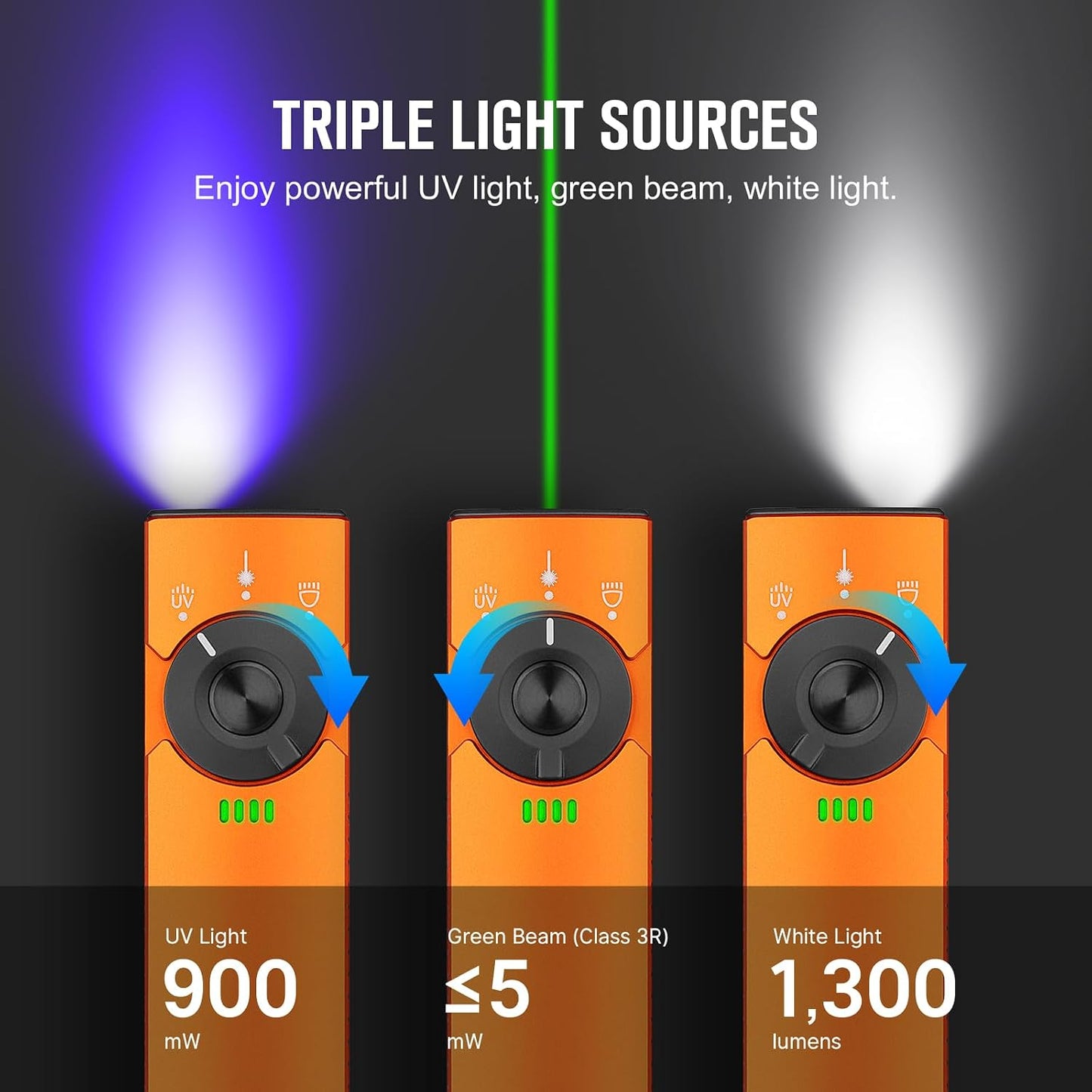 Linterna plana recargable EDC con luz verde y UV 1300lm