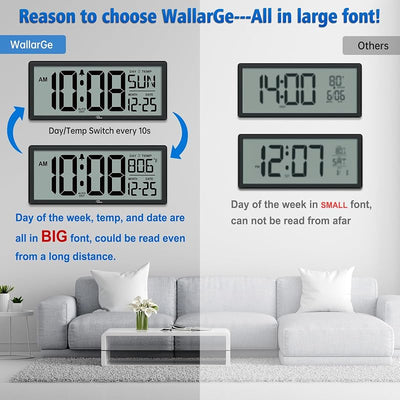 Reloj pared digital 14.5pulg con pilas números grandes