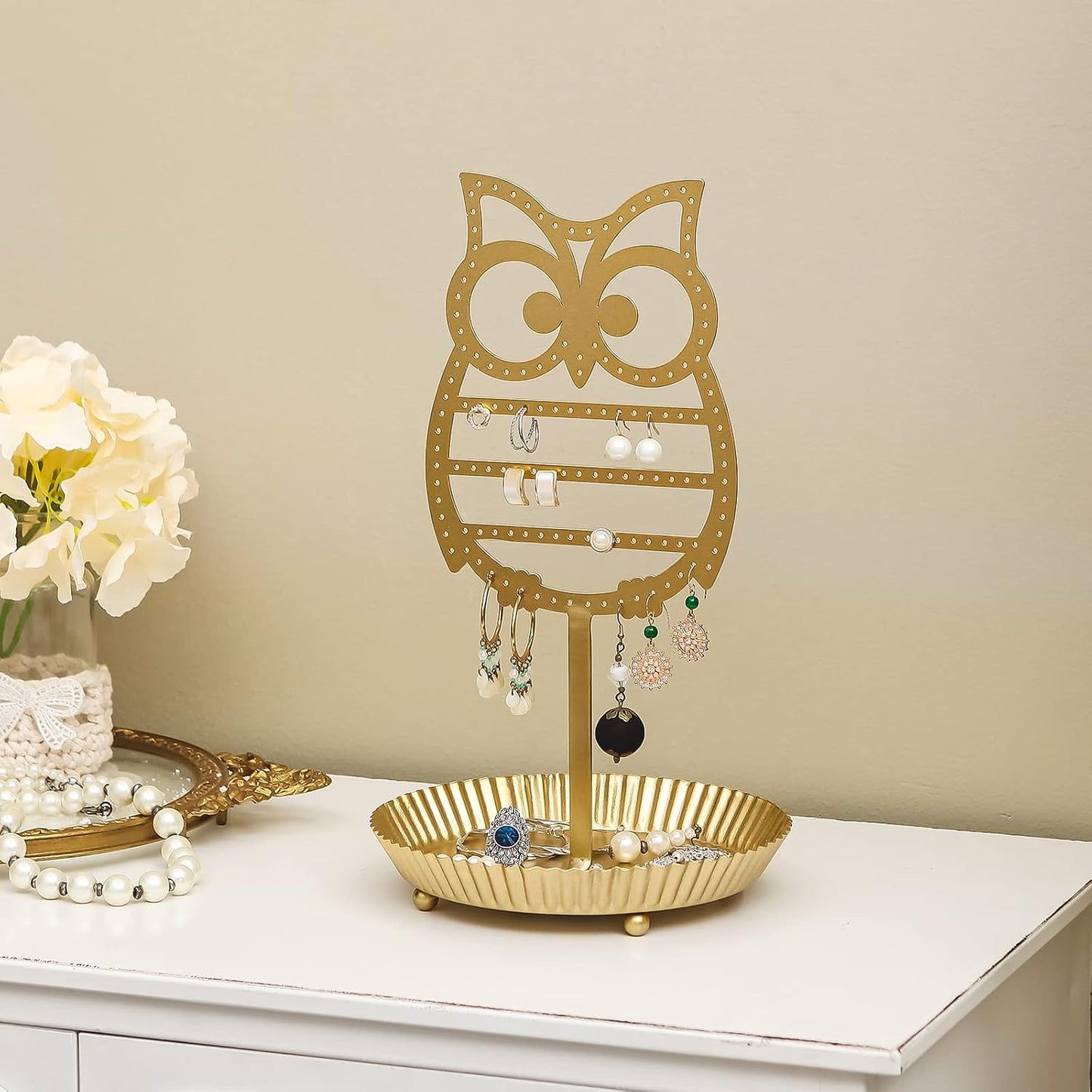 Soporte joyería metal forma árbol lechuza con bandeja anillos