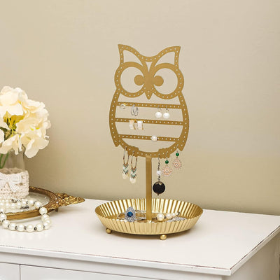 Soporte joyería metal forma árbol lechuza con bandeja anillos