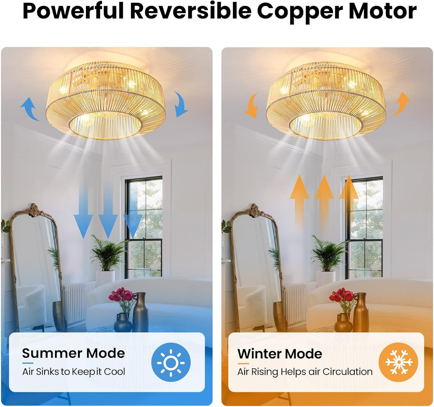Ventilador techo Boho ratán luces 20pulg control remoto 6