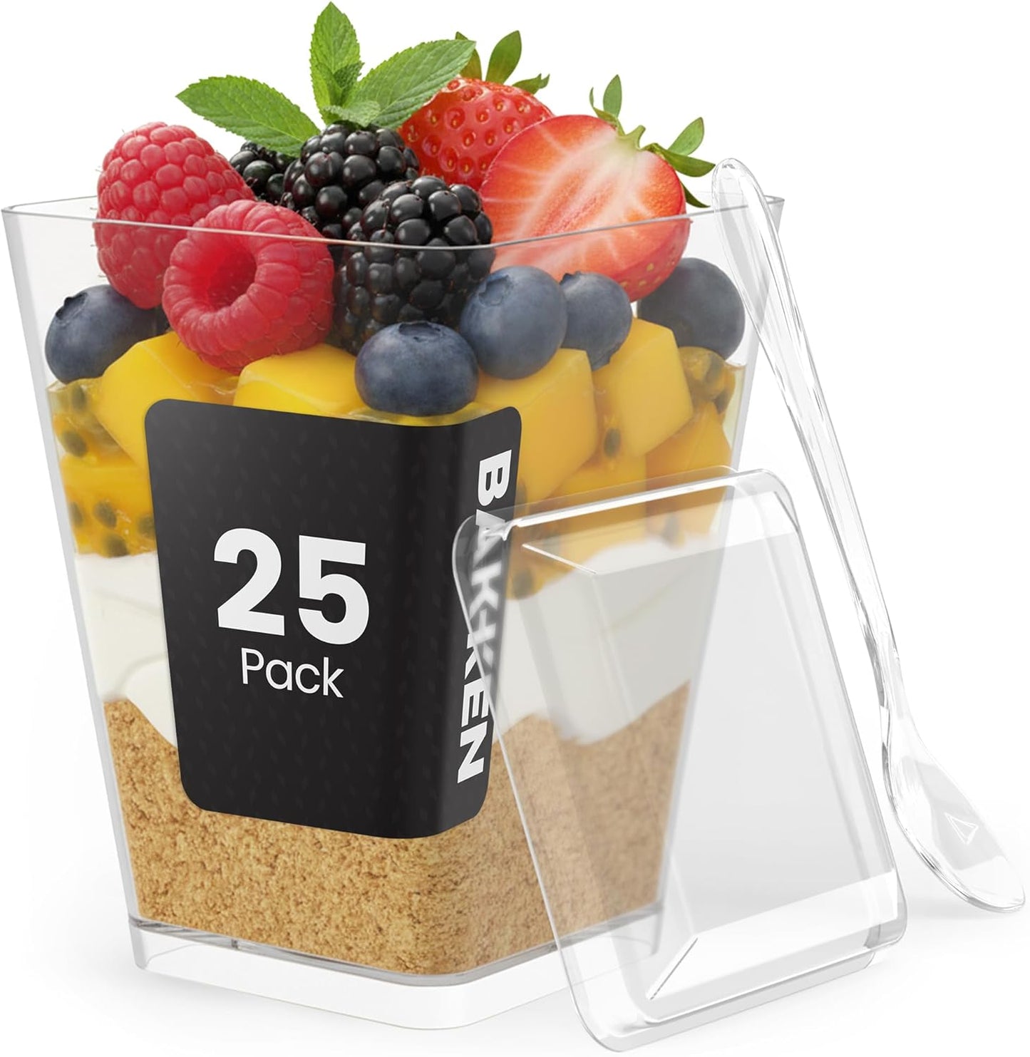 Vasos postre plástico con tapa cuchara 25 pzas