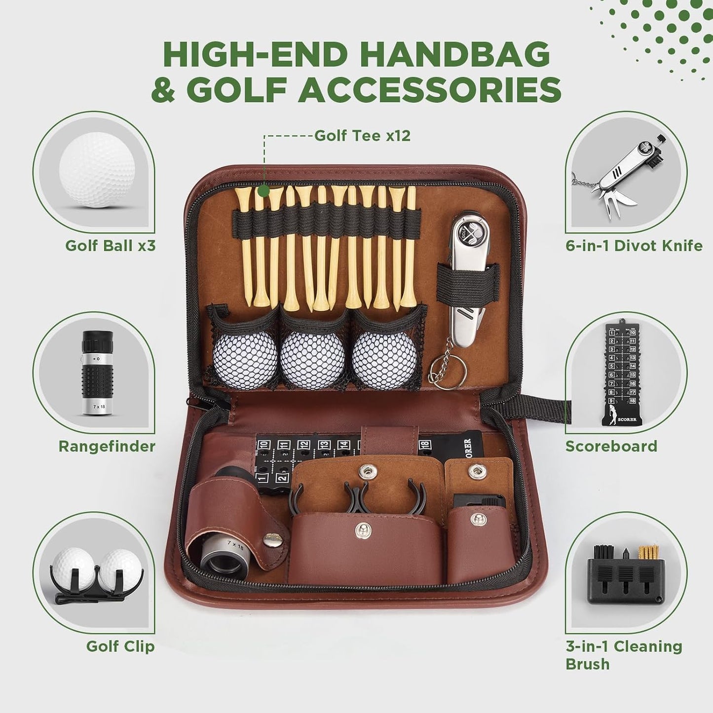 Set Accesorios Golf Funda PU Bolas Palos y Medidor