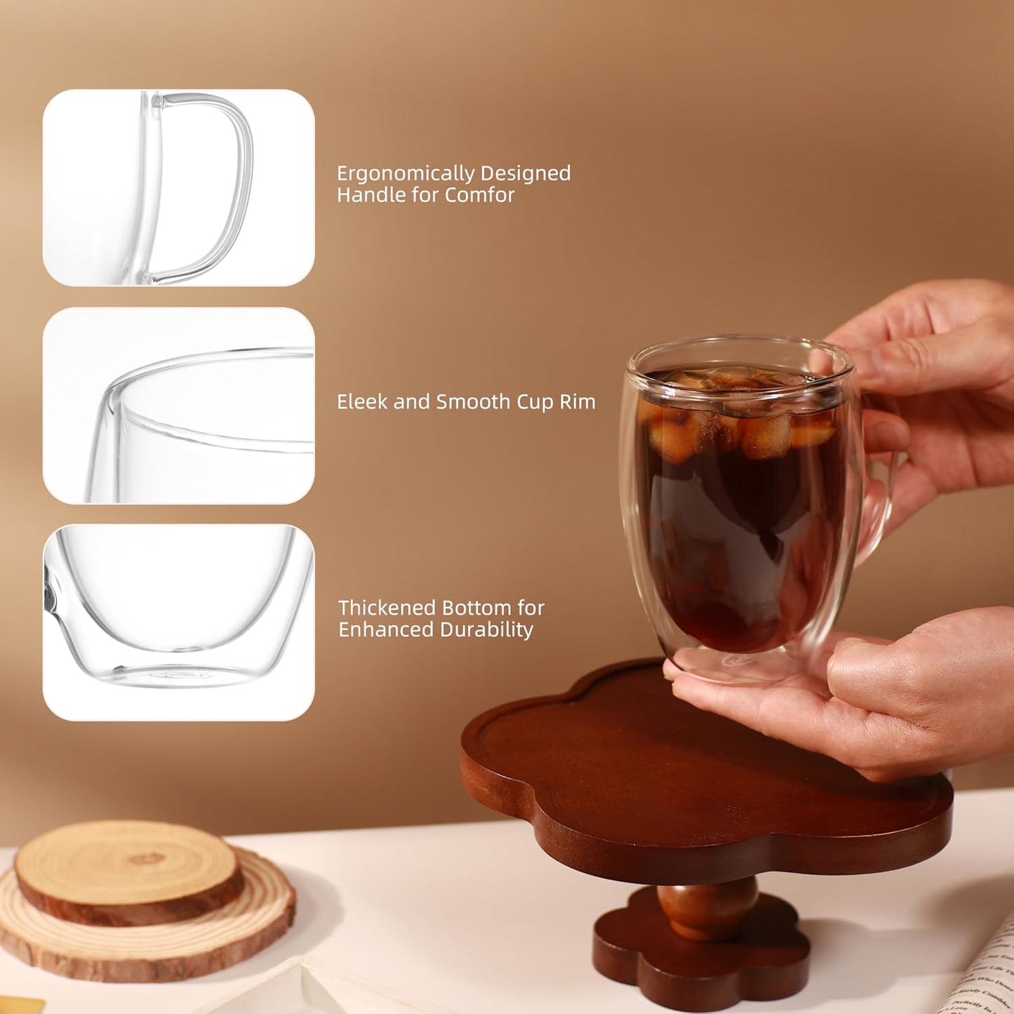 Tazas café vidrio doble pared 12oz set 4 con asa