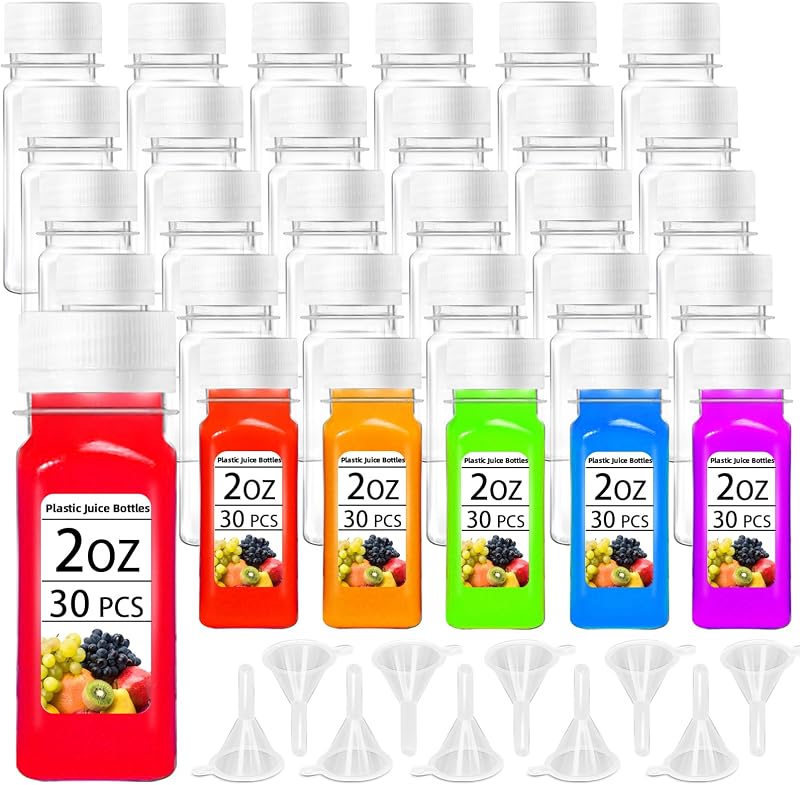 30 Botellas Plástico 2oz Tapas Blancas Reutilizables con 10 Embudos